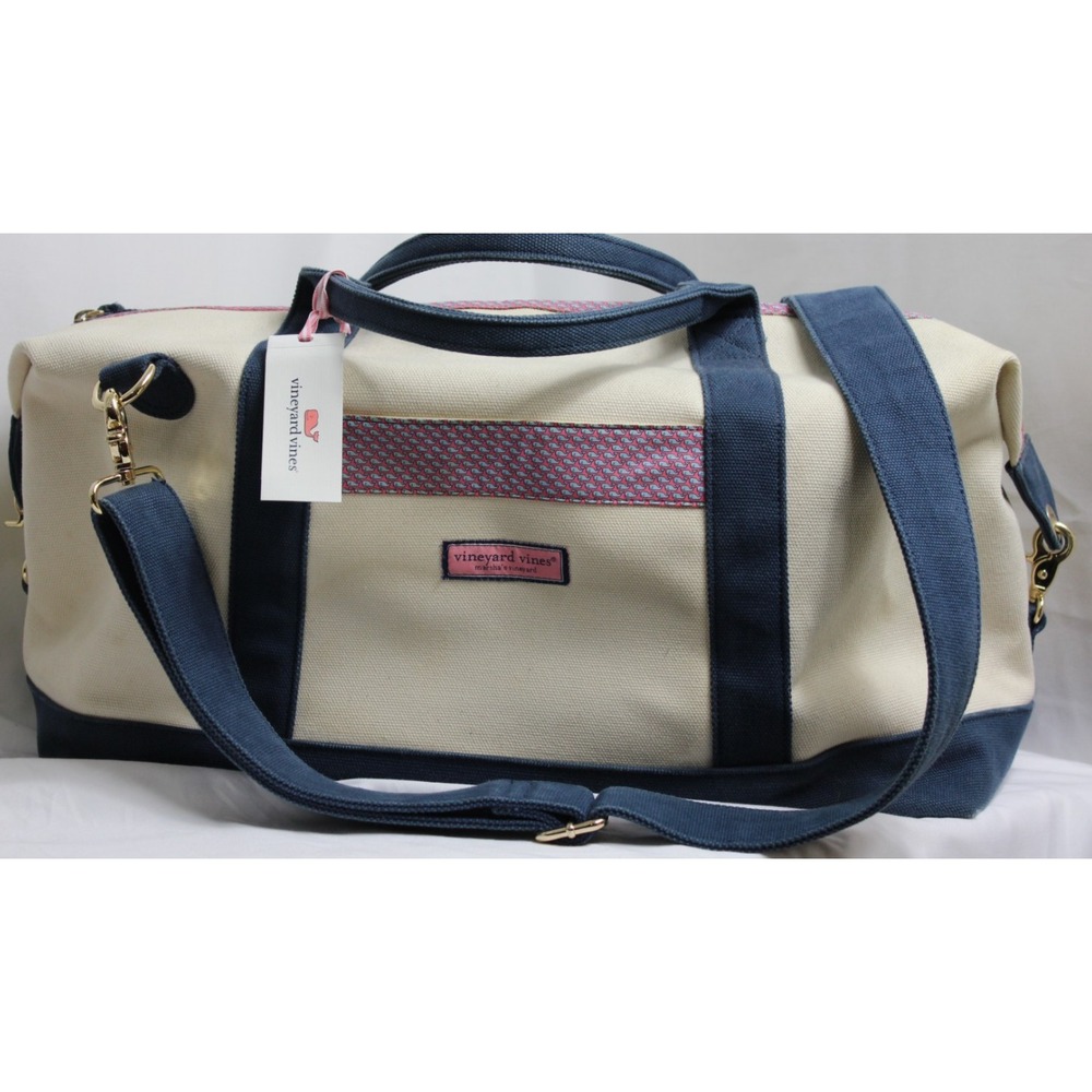 VINEYARD VINES Ivory‎ Blue Heritage Canvas Weekender Duffle Bag Luggage Logo
